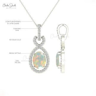 Diamond Halo Infinity Pendant With Fire Opal October Birthstone 14k Real Gold Necklace