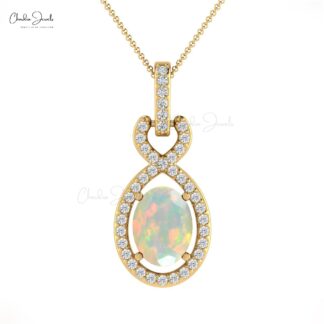 Diamond Halo Infinity Pendant With Fire Opal October Birthstone 14k Real Gold Necklace