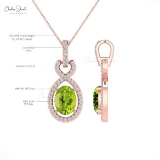 Birthstone Halo Pendant With 7x5mm Peridot And Diamond Infinity Pendants In 14k Real Gold