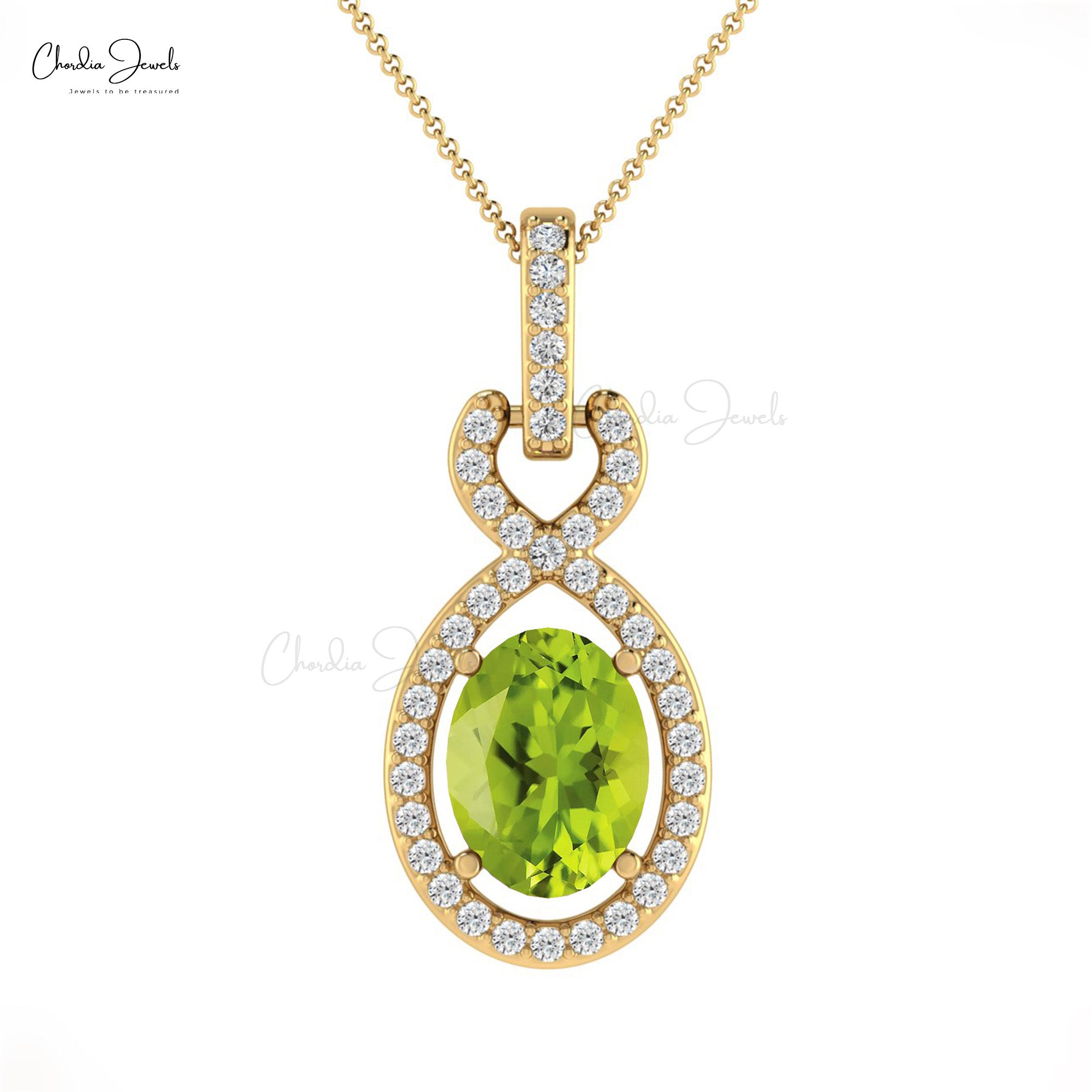 Birthstone Halo Pendant With 7x5mm Peridot And Diamond Infinity Pendants In 14k Real Gold