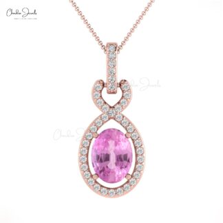 Solid 14k Gold Halo Diamond Pendant With 7x5mm Pink Sapphire Infinity Inspired Necklace