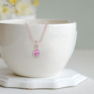 Solid 14k Gold Halo Diamond Pendant With 7x5mm Pink Sapphire Infinity Inspired Necklace