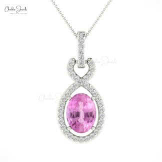 Solid 14k Gold Halo Diamond Pendant With 7x5mm Pink Sapphire Infinity Inspired Necklace