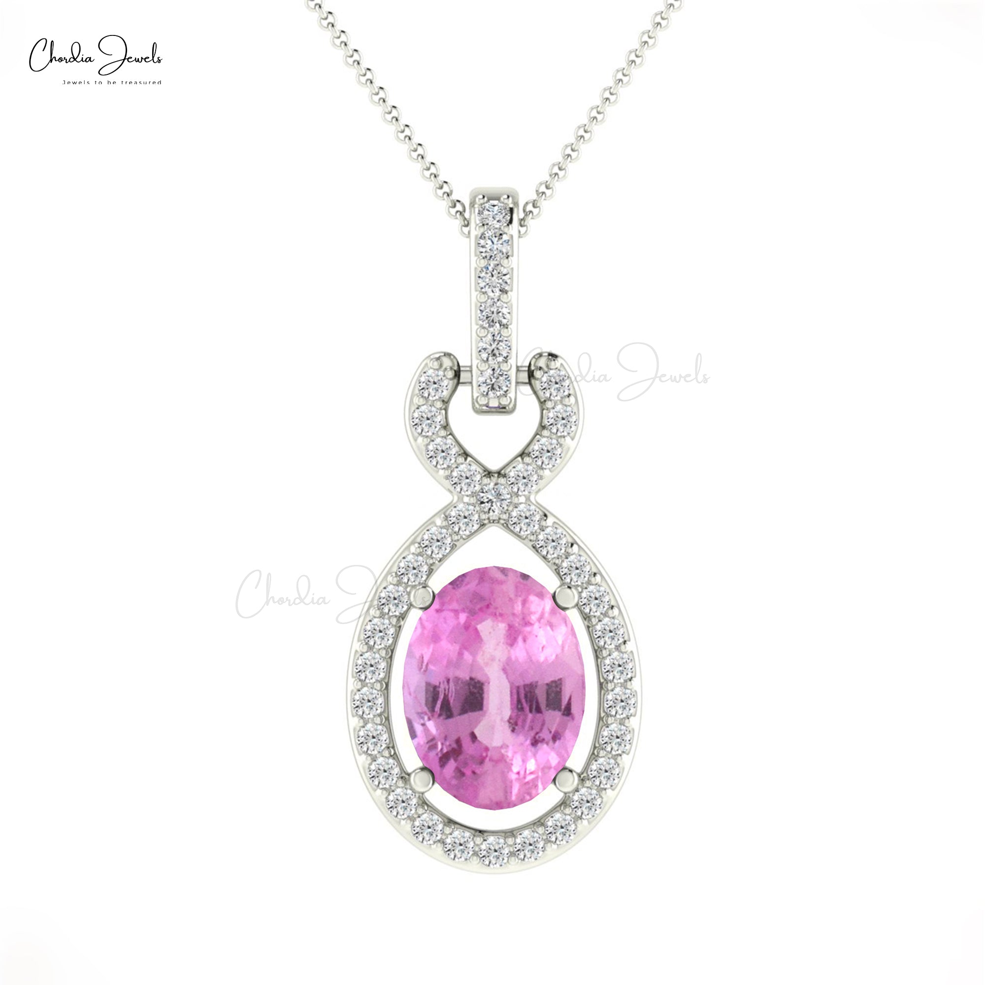 Solid 14k Gold Halo Diamond Pendant With 7x5mm Pink Sapphire Infinity Inspired Necklace