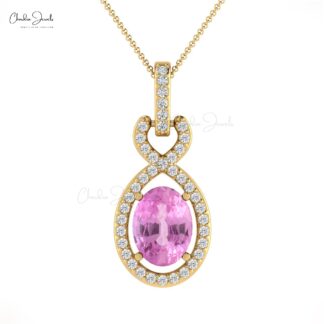 Solid 14k Gold Halo Diamond Pendant With 7x5mm Pink Sapphire Infinity Inspired Necklace