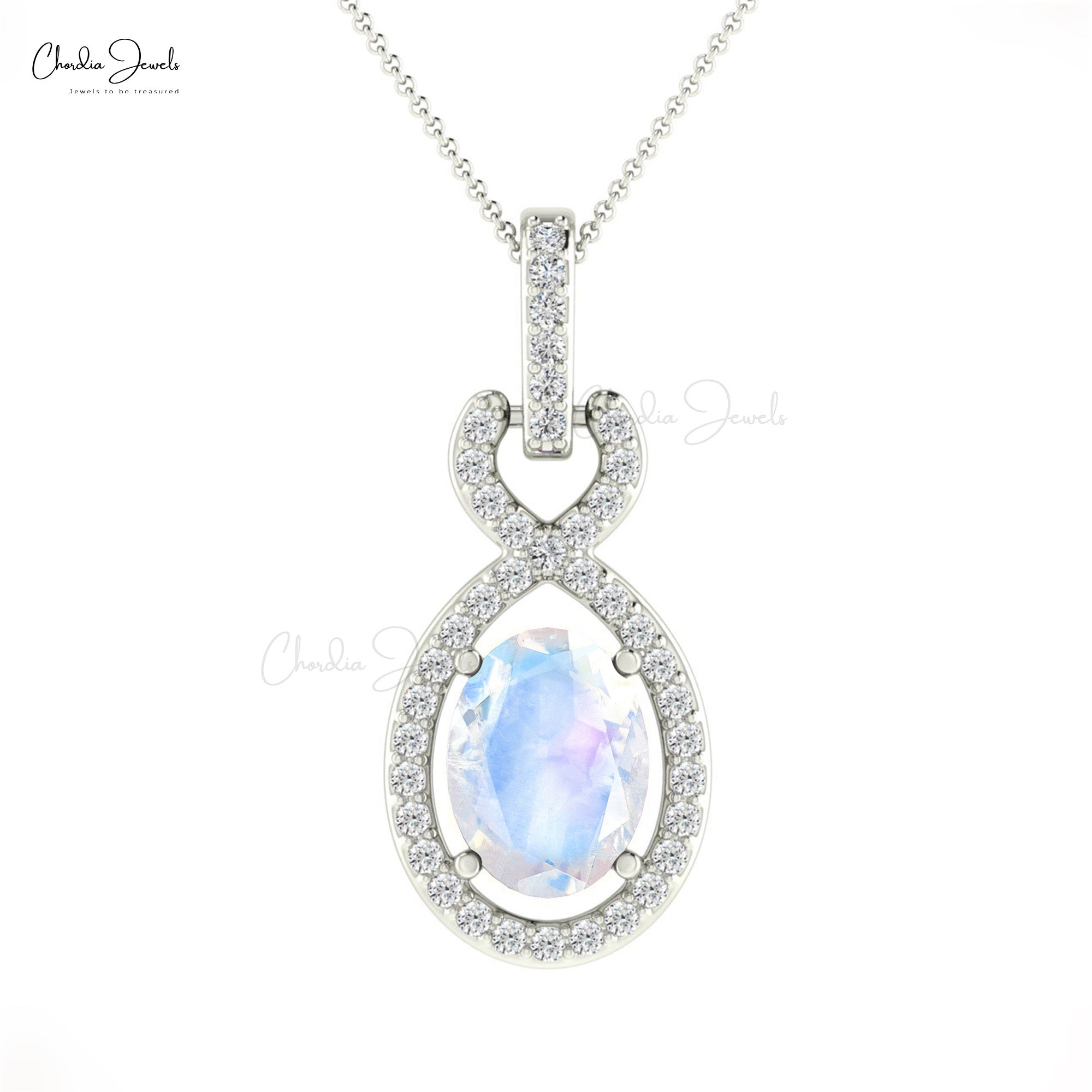 Oval Moonstone Infinity Pendant In 14k Solid Gold Pave Diamond Halo Bail Women Necklace