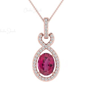 Art Deco Infinity Pendant In 14k Pure Gold Pink Tourmaline And Pave Diamond Halo Pendants