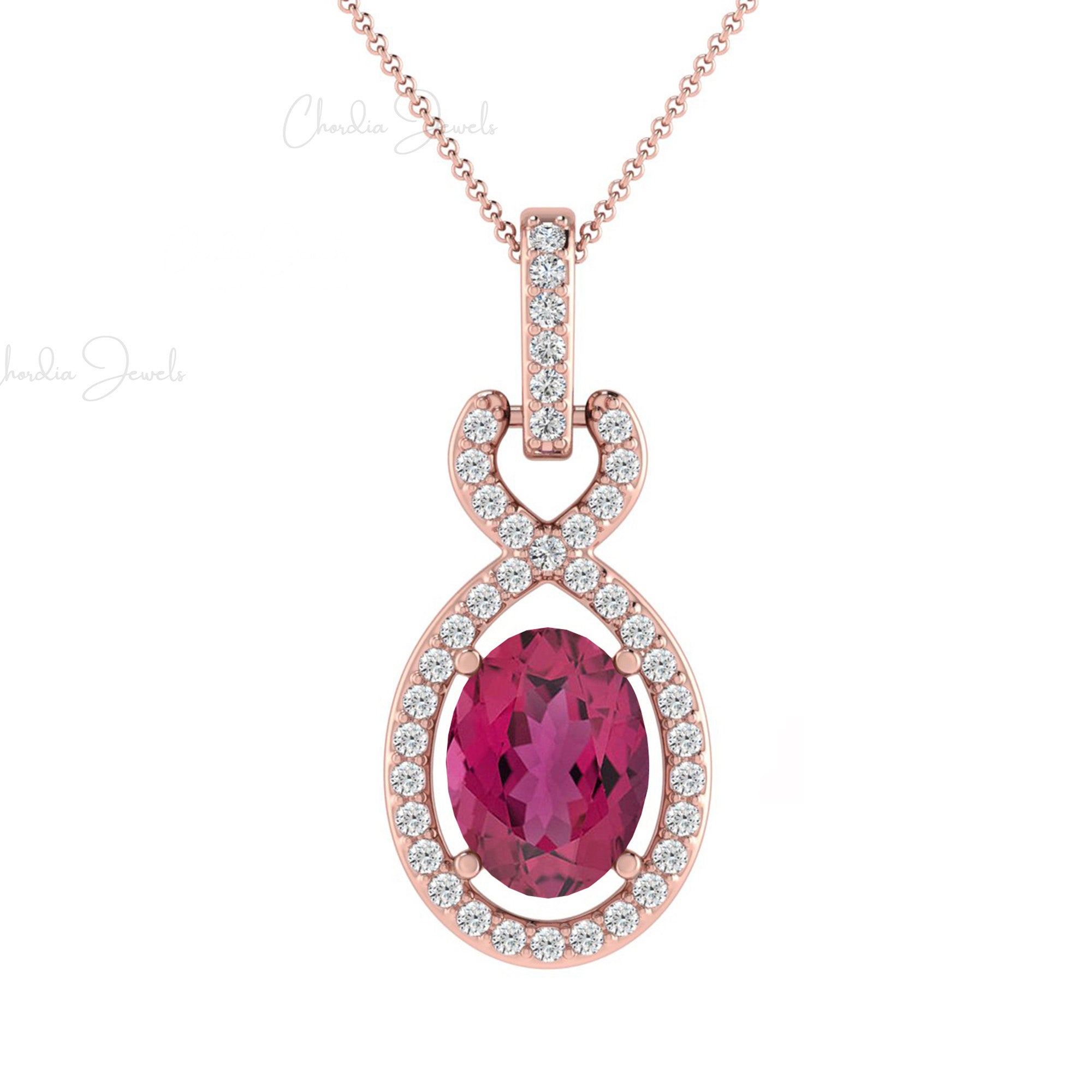 Art Deco Infinity Pendant In 14k Pure Gold Pink Tourmaline And Pave Diamond Halo Pendants