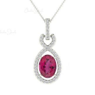 Art Deco Infinity Pendant In 14k Pure Gold Pink Tourmaline And Pave Diamond Halo Pendants