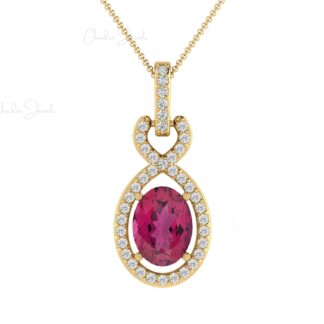 Art Deco Infinity Pendant In 14k Pure Gold Pink Tourmaline And Pave Diamond Halo Pendants