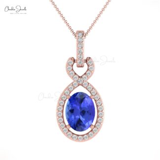 Oval Halo Diamond Pendant With 7x5mm Tanzanite Gemstone 14k Real Gold Women Necklaces
