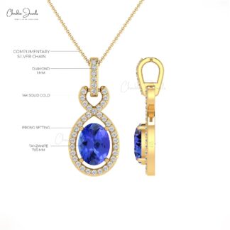 Oval Halo Diamond Pendant With 7x5mm Tanzanite Gemstone 14k Real Gold Women Necklaces