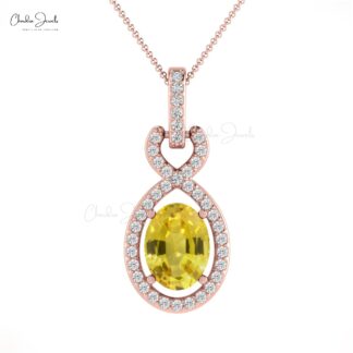 Halo Diamond Bail Pendant In 14k Real Gold Yellow Sapphire 0.71 Ct Oval Wedding Necklace