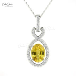 Halo Diamond Bail Pendant In 14k Real Gold Yellow Sapphire 0.71 Ct Oval Wedding Necklace