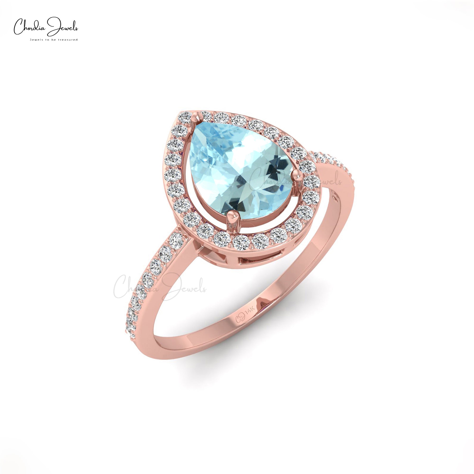 Statement Women Ring In Solid 14k Gold Aquamarine 1.3 Ct Pear Cut And Diamond Halo Rings