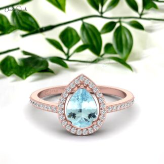 Statement Women Ring In Solid 14k Gold Aquamarine 1.3 Ct Pear Cut And Diamond Halo Rings