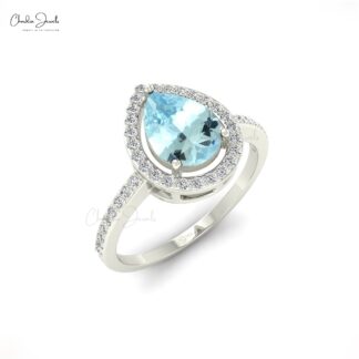 Statement Women Ring In Solid 14k Gold Aquamarine 1.3 Ct Pear Cut And Diamond Halo Rings
