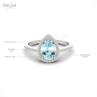 Statement Women Ring In Solid 14k Gold Aquamarine 1.3 Ct Pear Cut And Diamond Halo Rings