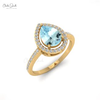 Statement Women Ring In Solid 14k Gold Aquamarine 1.3 Ct Pear Cut And Diamond Halo Rings
