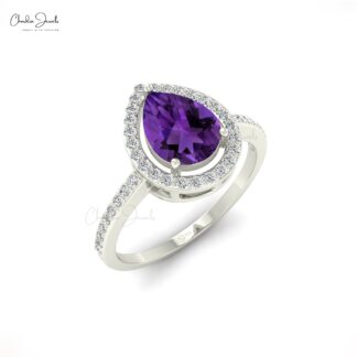 Halo Gemstone Ring In 14k Real Gold Amethyst And Pave Diamond Hallmark Rings For Her