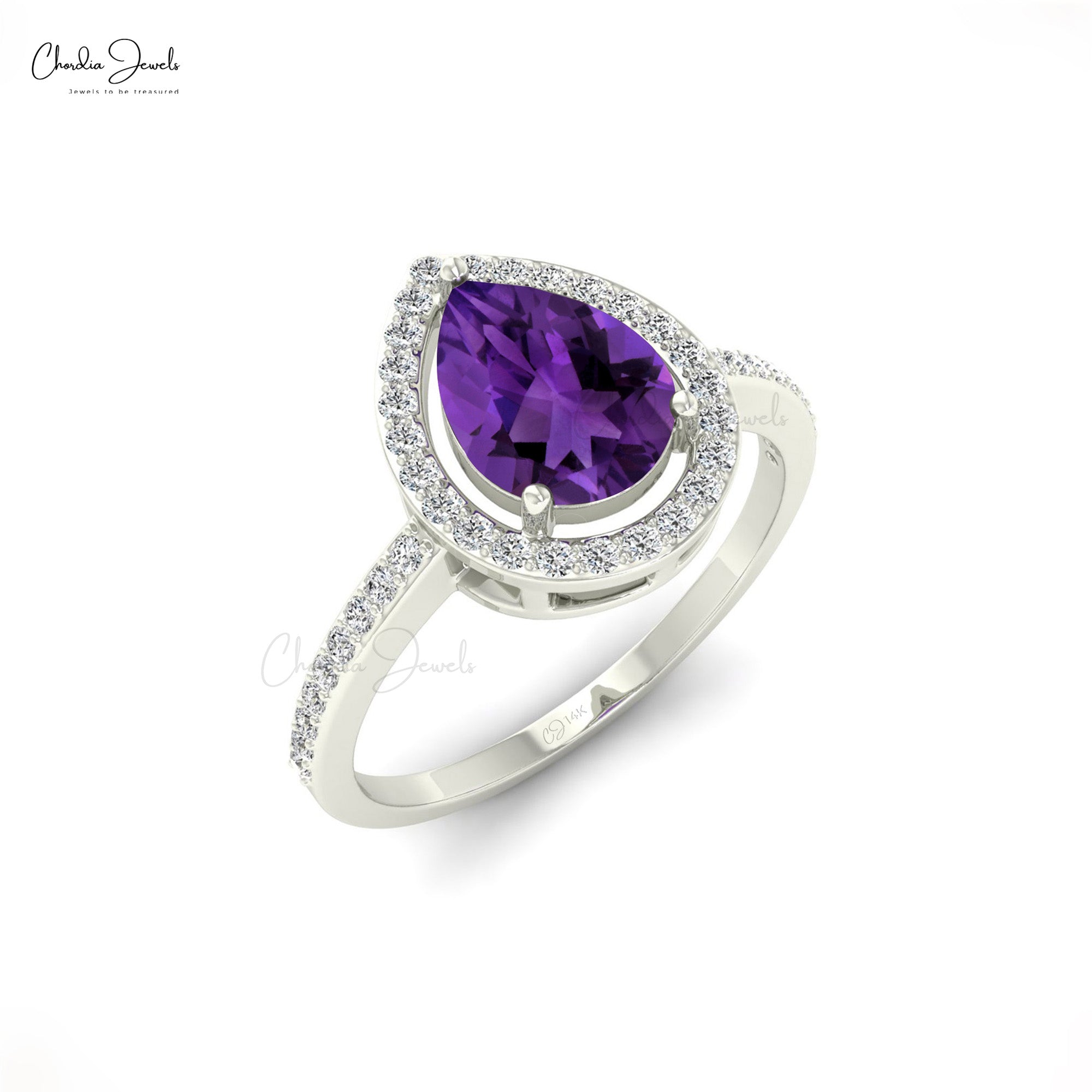 Halo Gemstone Ring In 14k Real Gold Amethyst And Pave Diamond Hallmark Rings For Her