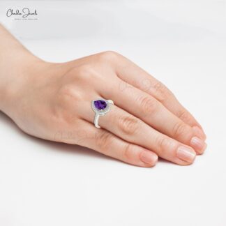 Halo Gemstone Ring In 14k Real Gold Amethyst And Pave Diamond Hallmark Rings For Her