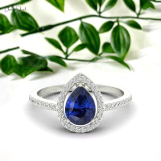 Pear Cut Natural Blue Sapphire Halo Ring For Engagement