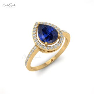 Pear Cut Natural Blue Sapphire Halo Ring For Engagement
