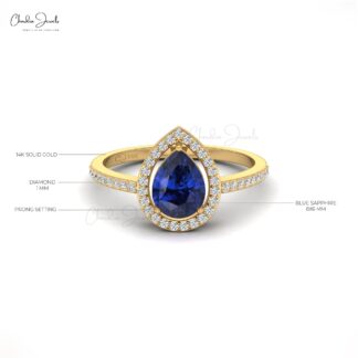 Pear Cut Natural Blue Sapphire Halo Ring For Engagement