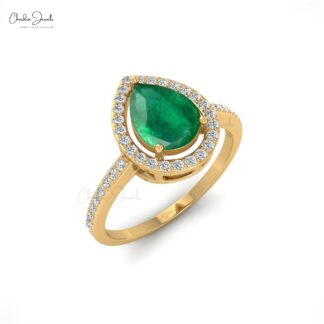 Tear Drop Wedding Ring With 8x6mm Emerald And Diamond Halo Ring In 14k Solid Gold