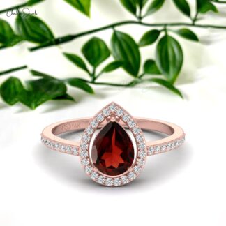 Natural Garnet Halo Ring in 14k Solid Gold Handmade Diamond Ring
