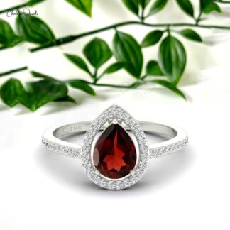 Natural Garnet Halo Ring in 14k Solid Gold Handmade Diamond Ring
