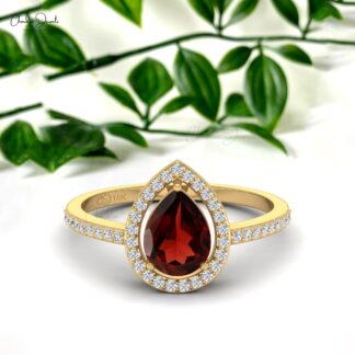 Natural Garnet Halo Ring in 14k Solid Gold Handmade Diamond Ring