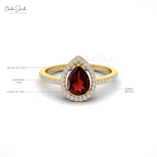 Natural Garnet Halo Ring in 14k Solid Gold Handmade Diamond Ring