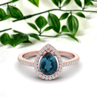 Natural London Blue Topaz Halo Ring In 14k Real Gold Diamond Statement Rings For Women