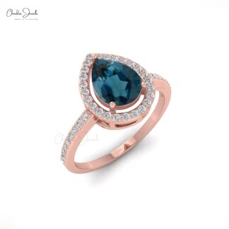 Natural London Blue Topaz Halo Ring In 14k Real Gold Diamond Statement Rings For Women