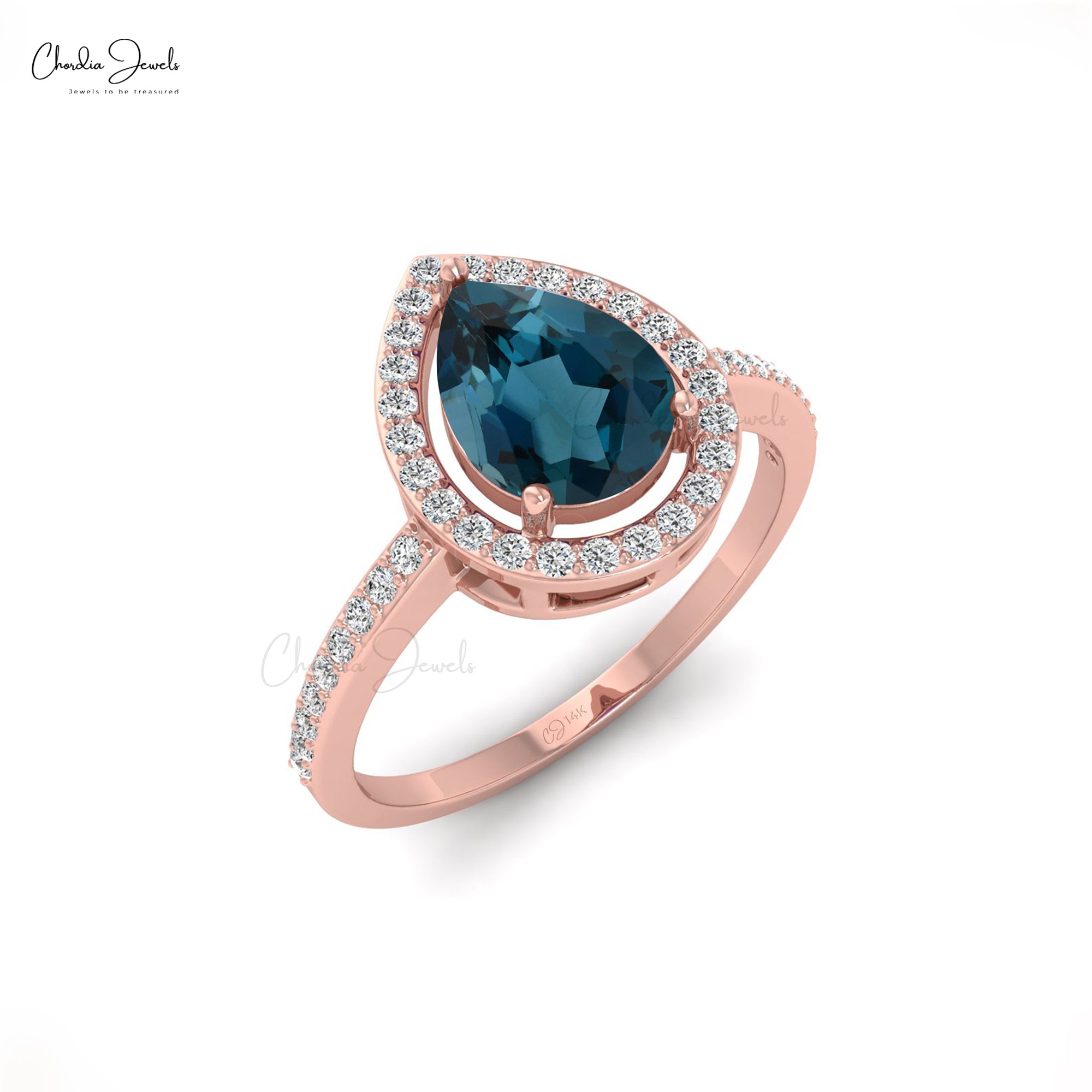 Natural London Blue Topaz Halo Ring In 14k Real Gold Diamond Statement Rings For Women