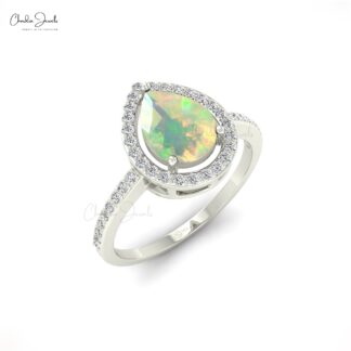 Pure 14k Gold Halo Diamond Ring With 8x6mm Fire Opal October Birthstone Promise Ring