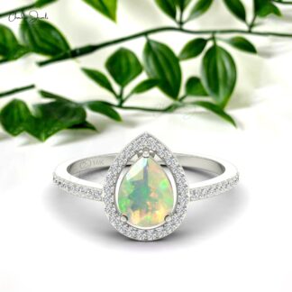 Pure 14k Gold Halo Diamond Ring With 8x6mm Fire Opal October Birthstone Promise Ring
