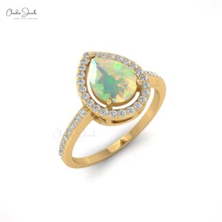 Pure 14k Gold Halo Diamond Ring With 8x6mm Fire Opal October Birthstone Promise Ring