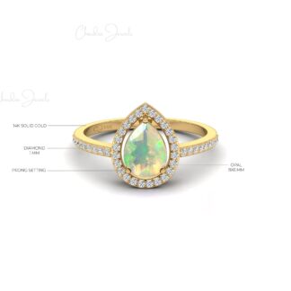 Pure 14k Gold Halo Diamond Ring With 8x6mm Fire Opal October Birthstone Promise Ring