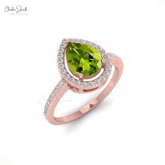 AAA Peridot Halo Wedding Ring With 8x6mm Gemstone And Diamond 14k Gold Fine Jewelry