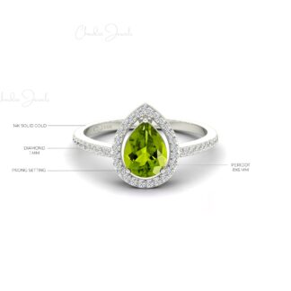 AAA Peridot Halo Wedding Ring With 8x6mm Gemstone And Diamond 14k Gold Fine Jewelry