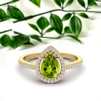 AAA Peridot Halo Wedding Ring With 8x6mm Gemstone And Diamond 14k Gold Fine Jewelry