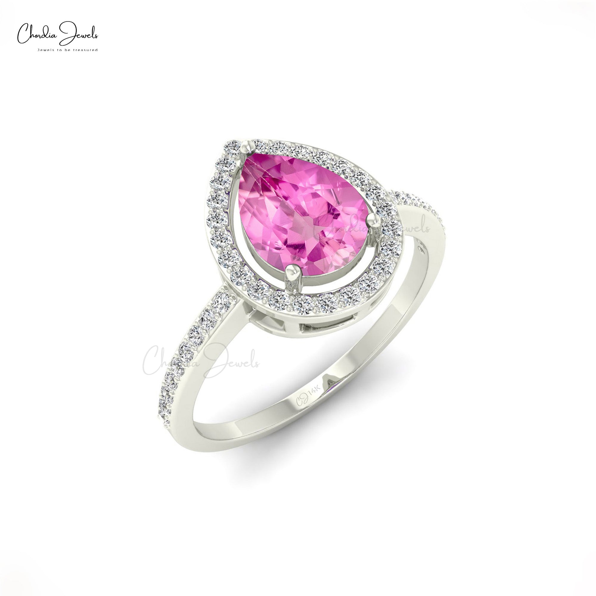 Gemstone Engagement Ring In 14k Solid Gold Pink Sapphire Halo Diamond Handmade Ring