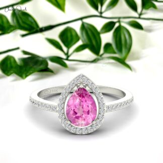 Gemstone Engagement Ring In 14k Solid Gold Pink Sapphire Halo Diamond Handmade Ring
