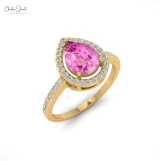 Gemstone Engagement Ring In 14k Solid Gold Pink Sapphire Halo Diamond Handmade Ring