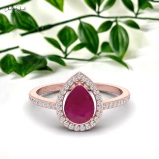 8X6MM Pear Cut Ruby Halo Diamond Engagement Ring