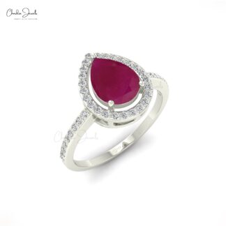 8X6MM Pear Cut Ruby Halo Diamond Engagement Ring