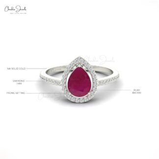 8X6MM Pear Cut Ruby Halo Diamond Engagement Ring